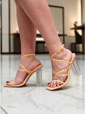 Peach Strappy Heeled Sandals With Clear Block Heel - Womens Trendy Open-Toe Desi